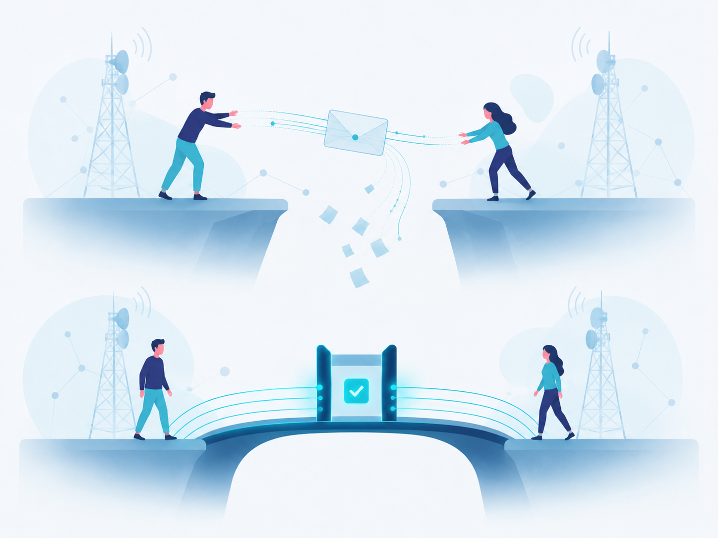 Illustration of data falling through the gap between two teams during an email handover