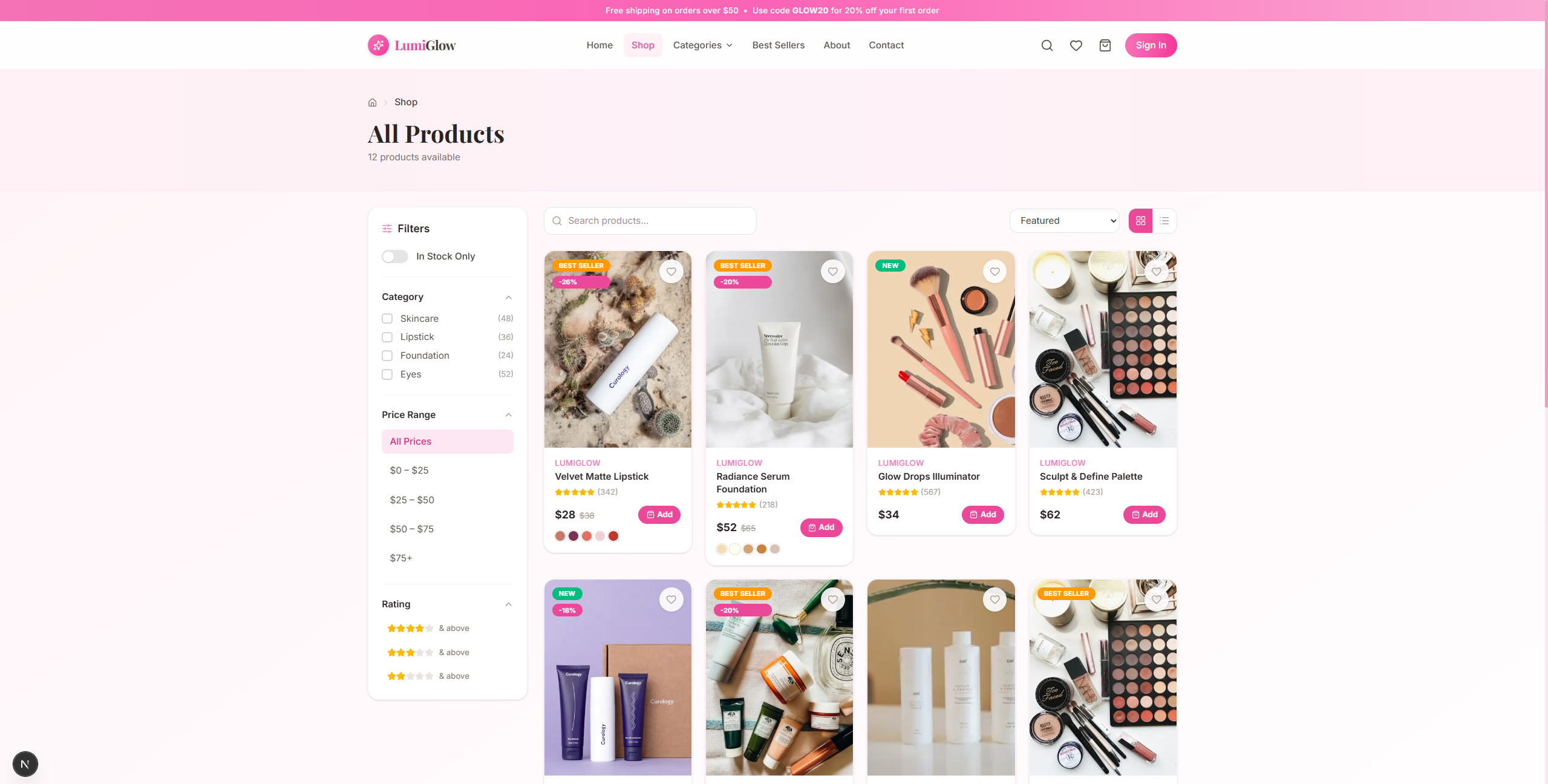 UIDrop LumiGlow Beauty – Premium Cosmetics & Skincare Page 7 - Cosmetics UI design UIDrop LumiGlow Beauty – Premium Cosmetics & Skincare Page 7 - Cosmetics UI design