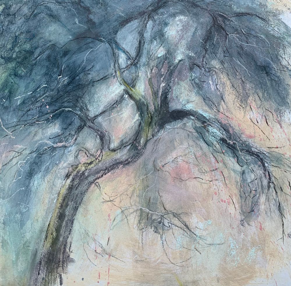 Pink Orchard Tree Pastel and Acrylic ( sold ) 