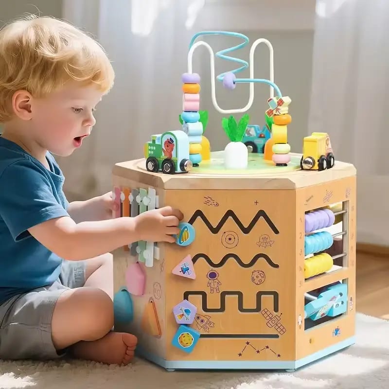 Multifunctional Wooden Activity Box for Infants & Toddlers – Early Educational Montessori Toy with Percussion Knocking Piano, Wire Bead Maze, Shape Sorter & Fine Motor Building Blocks thumbnail 1