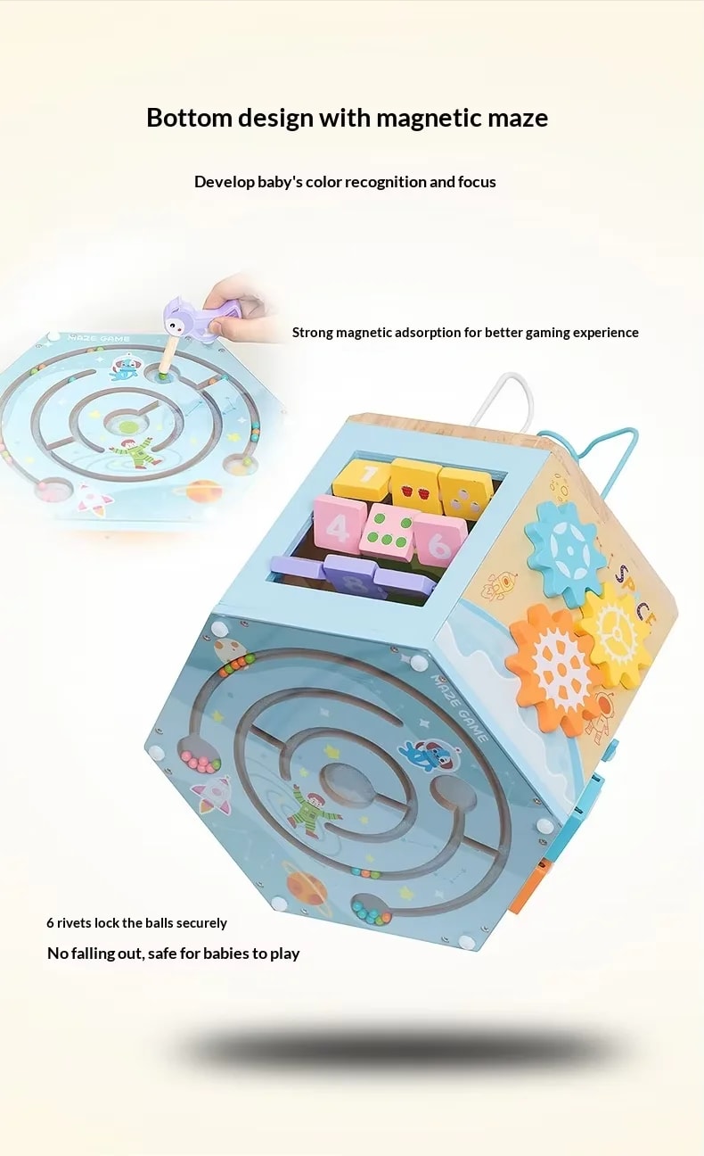 Multifunctional Wooden Activity Box for Infants & Toddlers – Early Educational Montessori Toy with Percussion Knocking Piano, Wire Bead Maze, Shape Sorter & Fine Motor Building Blocks thumbnail 5
