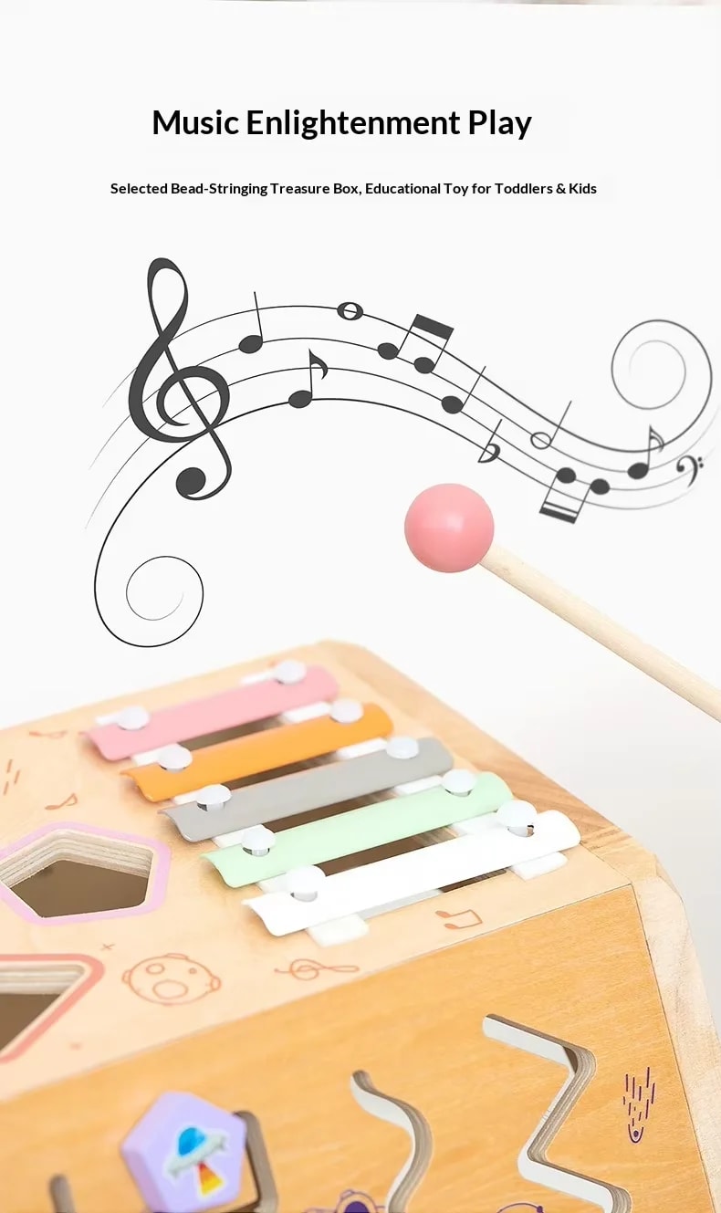 Multifunctional Wooden Activity Box for Infants & Toddlers – Early Educational Montessori Toy with Percussion Knocking Piano, Wire Bead Maze, Shape Sorter & Fine Motor Building Blocks thumbnail 3