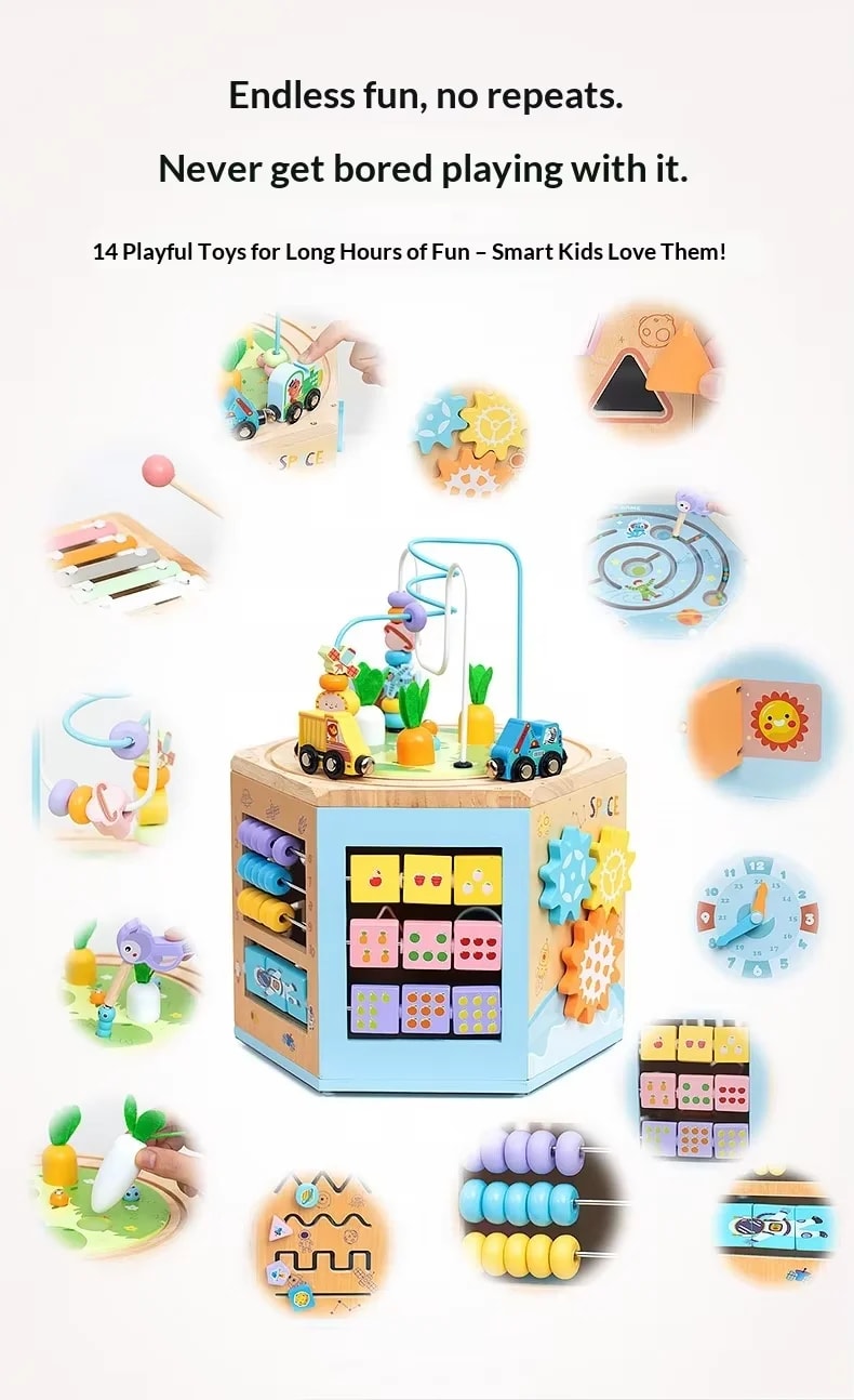 Multifunctional Wooden Activity Box for Infants & Toddlers – Early Educational Montessori Toy with Percussion Knocking Piano, Wire Bead Maze, Shape Sorter & Fine Motor Building Blocks thumbnail 7