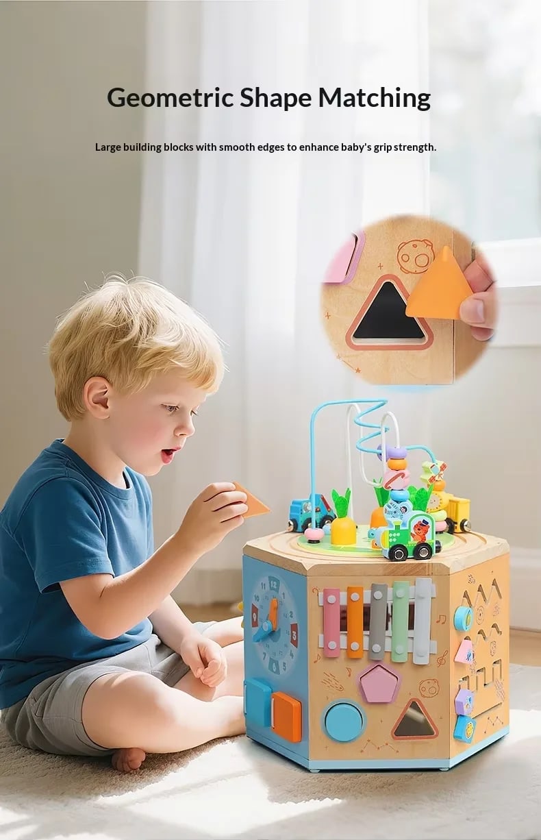 Multifunctional Wooden Activity Box for Infants & Toddlers – Early Educational Montessori Toy with Percussion Knocking Piano, Wire Bead Maze, Shape Sorter & Fine Motor Building Blocks thumbnail 9