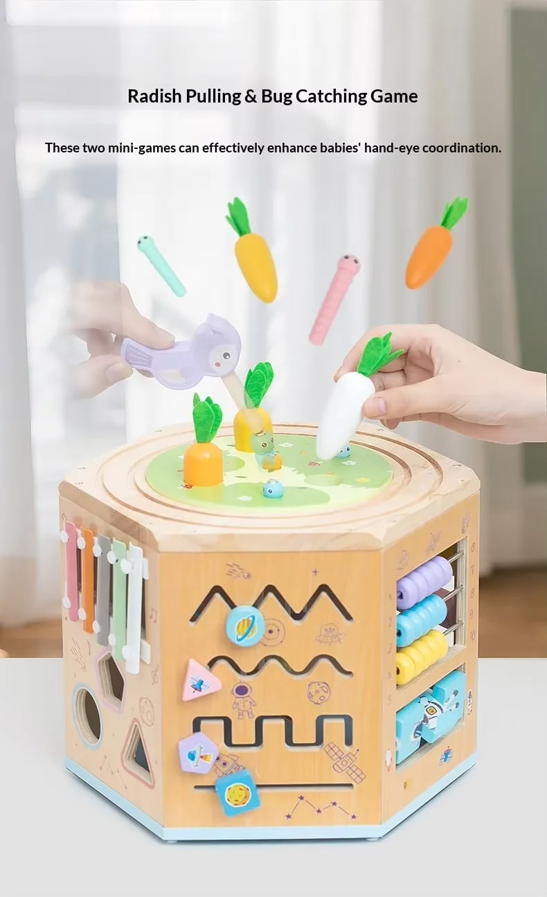 Multifunctional Wooden Activity Box for Infants & Toddlers – Early Educational Montessori Toy with Percussion Knocking Piano, Wire Bead Maze, Shape Sorter & Fine Motor Building Blocks thumbnail 4