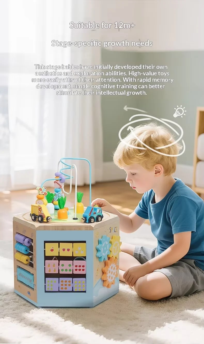 Multifunctional Wooden Activity Box for Infants & Toddlers – Early Educational Montessori Toy with Percussion Knocking Piano, Wire Bead Maze, Shape Sorter & Fine Motor Building Blocks thumbnail 6