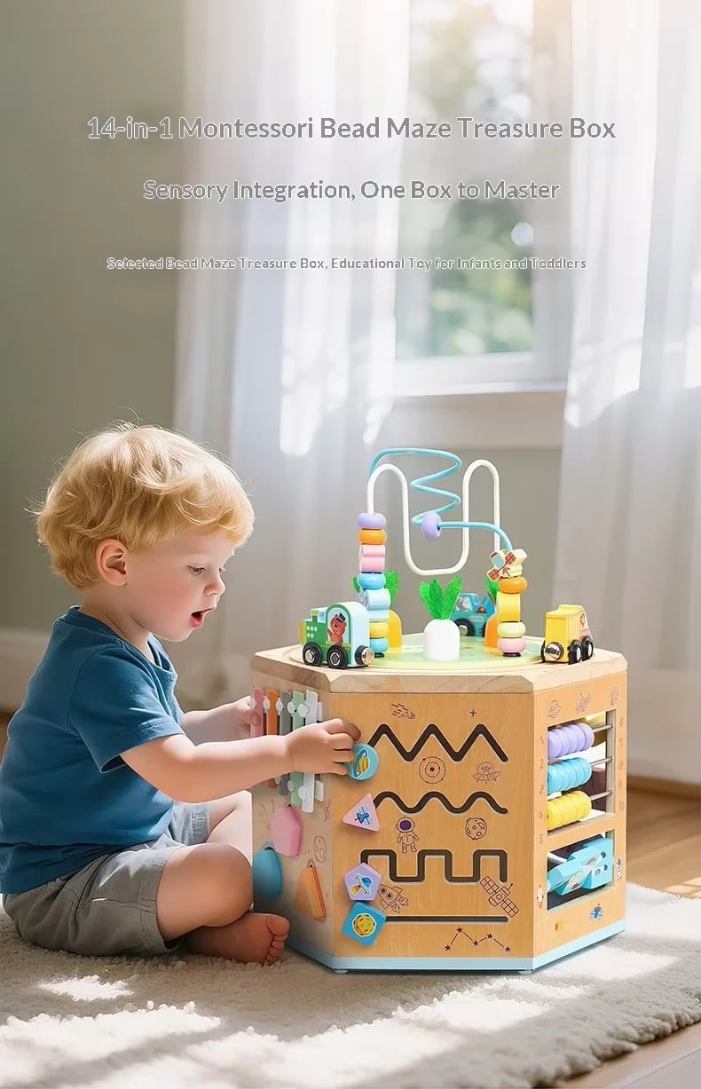 Multifunctional Wooden Activity Box for Infants & Toddlers – Early Educational Montessori Toy with Percussion Knocking Piano, Wire Bead Maze, Shape Sorter & Fine Motor Building Blocks thumbnail 2
