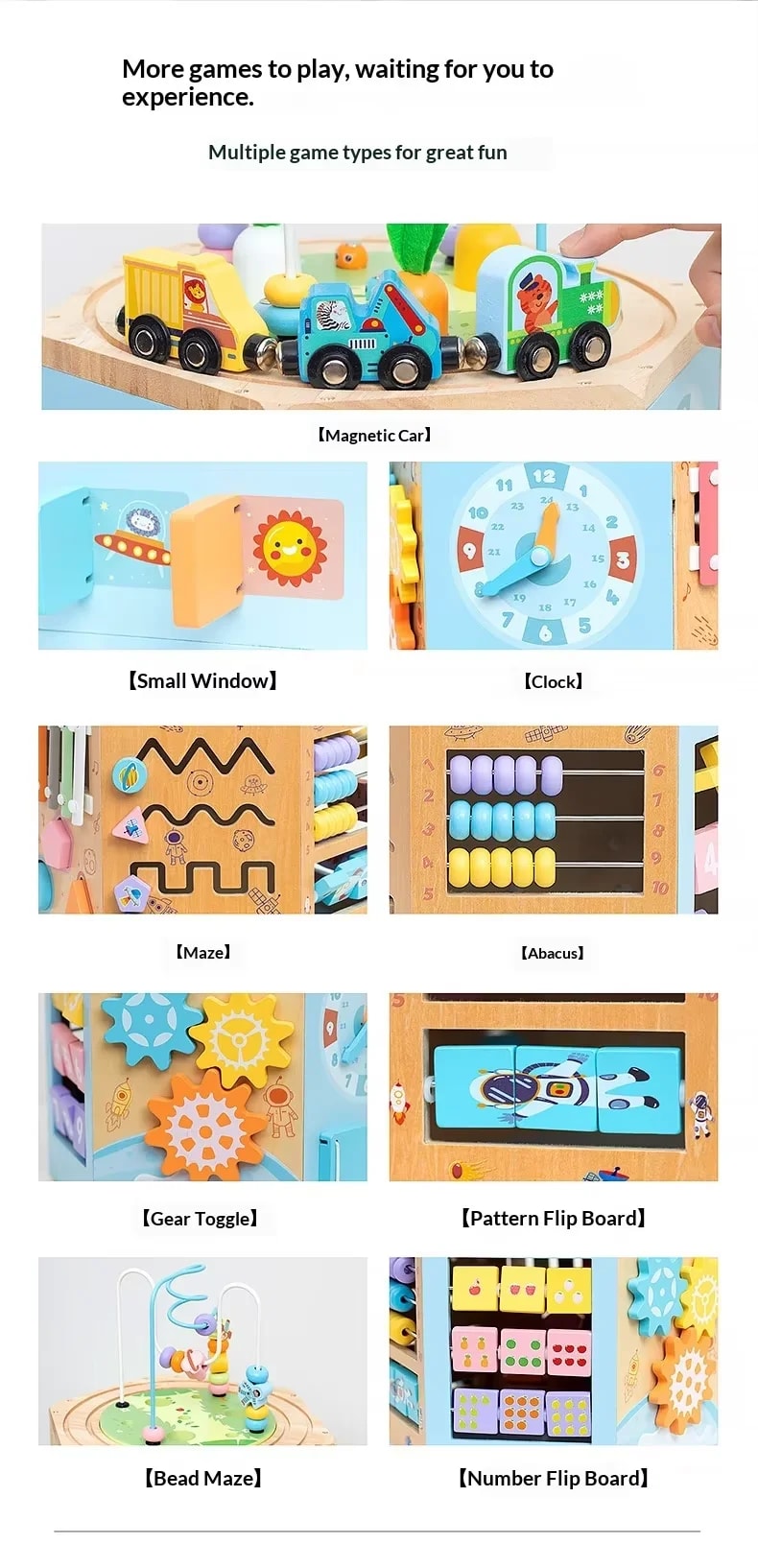 Multifunctional Wooden Activity Box for Infants & Toddlers – Early Educational Montessori Toy with Percussion Knocking Piano, Wire Bead Maze, Shape Sorter & Fine Motor Building Blocks thumbnail 8