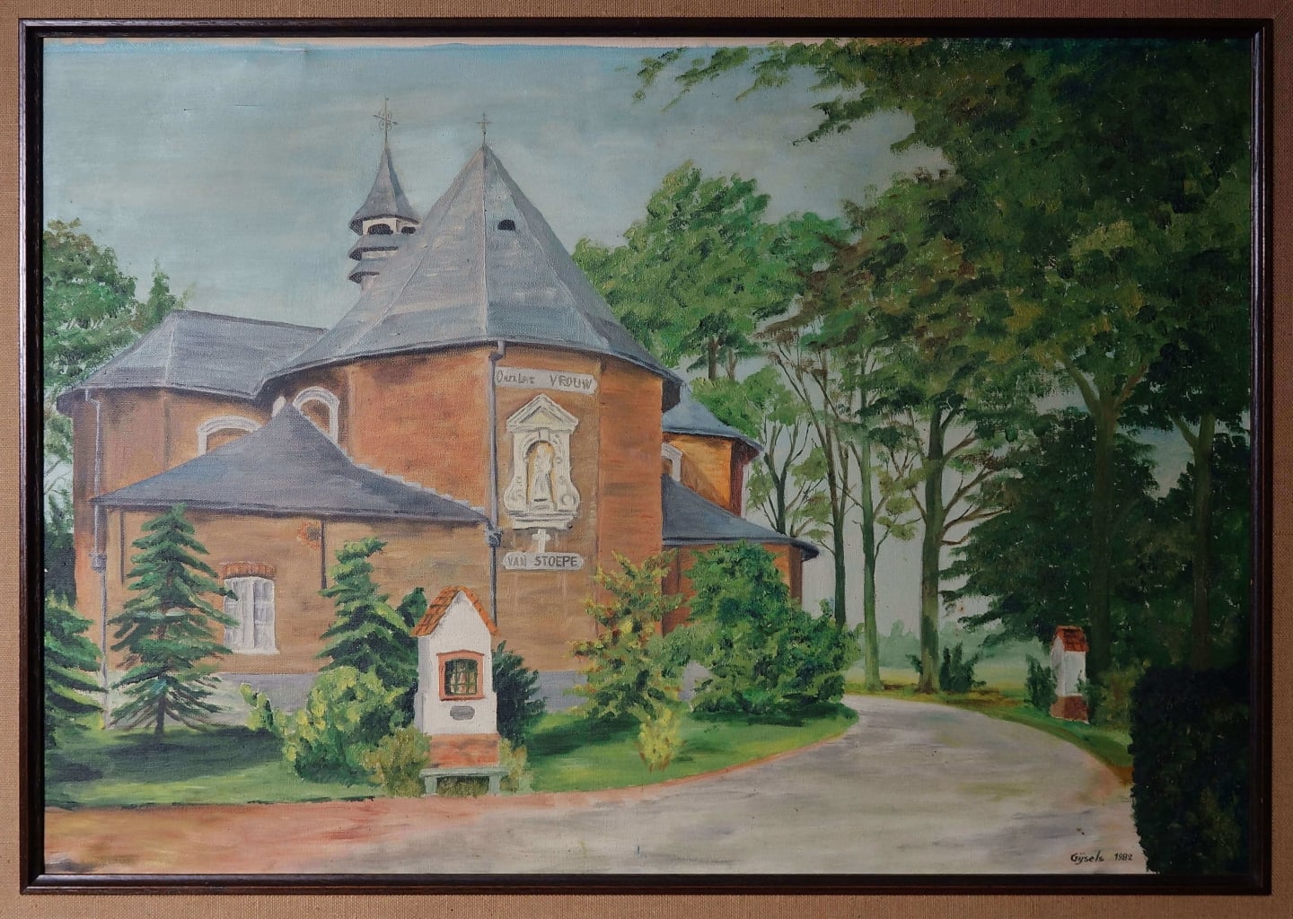Acryl op doek 59x41cm – 1982 Gratiën Gijsels (° Ertvelde, 18 september 1931 – † Ertvelde, 11 december 2004) was een gedreven parochiaan; als voorzitter van de KWB was hij heel betrokken bij het parochiale leven. Hij was ook één van de enthousiastelingen die in 1965 de blokhut aan de pastorij hielpen optrekken. Gratiën en zijn echtgenote, Celina, gingen graag naar KBG Doornzele. In zijn vrije tijd vond hij zijn gading in onder andere schilderen. Hier twee werkjes van Gratiën.