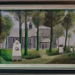 Een mooi, maar anoniem werkje: een schilderijtje (34x24cm) uit 1975 dat op ‘creatieve wijze’ werd afgeschilderd van een postkaart die een stuk ouder is.  De ouderdom van een foto of kunstwerkje is onder andere te zien aan de kapelletjes die in 1952 hun huidig uitzicht kregen. Tot dan hadden zij een dakje uit boomse pannen en de naamplaatjes waren boven het tafereel ingemetseld. Het werkje werd ons nagelaten door Robert, kapelbewaarder van 1968 tot 2012