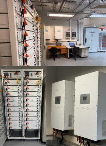 Bancos de baterias (300 kWh) operando em modo off-grid independente da concessionária.
