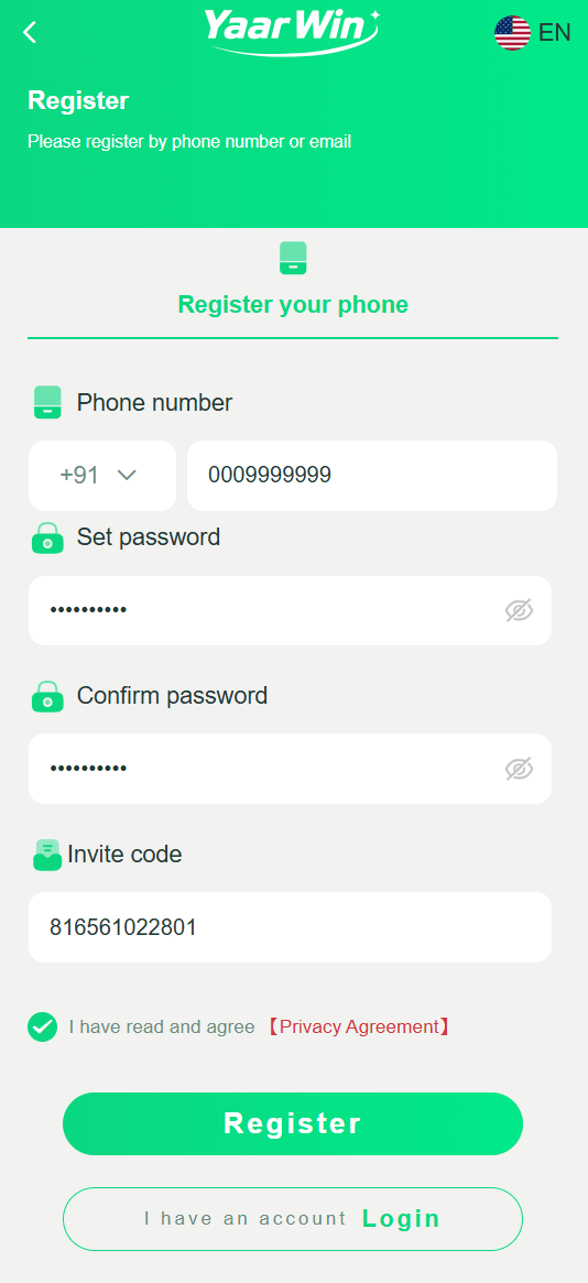 Yaar Win Registration Process - Complete sign-up form interface