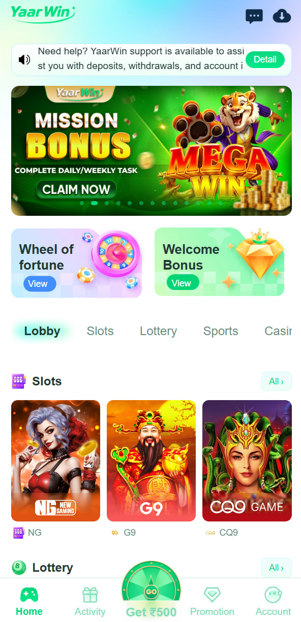 Yaar Win Home - Gaming Dashboard