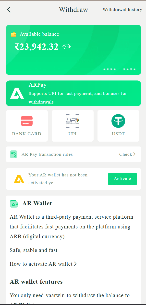 Yaar Win Withdrawal Interface - Bank account selection and withdrawal confirmation