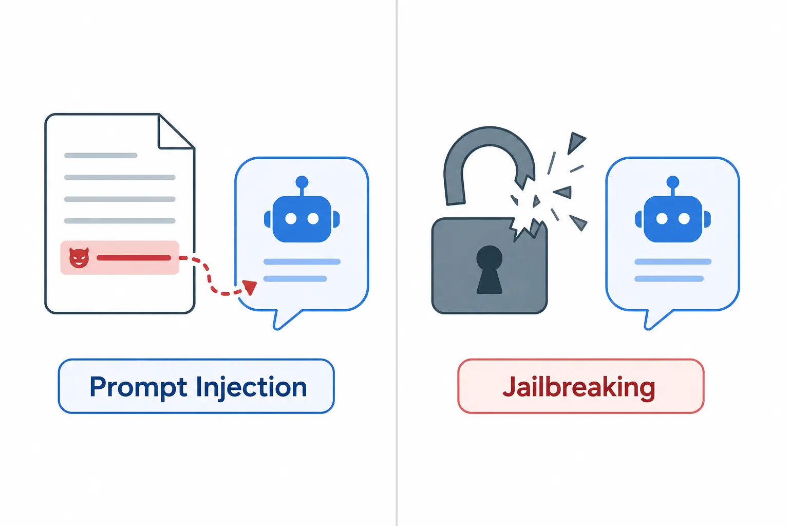 Side-by-side comparison illustration of prompt injection versus jailbreaking in AI systems