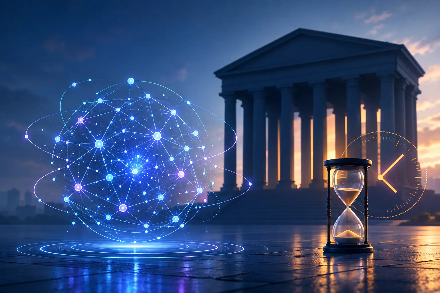 Symbolic illustration of an AI network paused before a government building silhouette, representing the federal review process ahead of Astra's release
