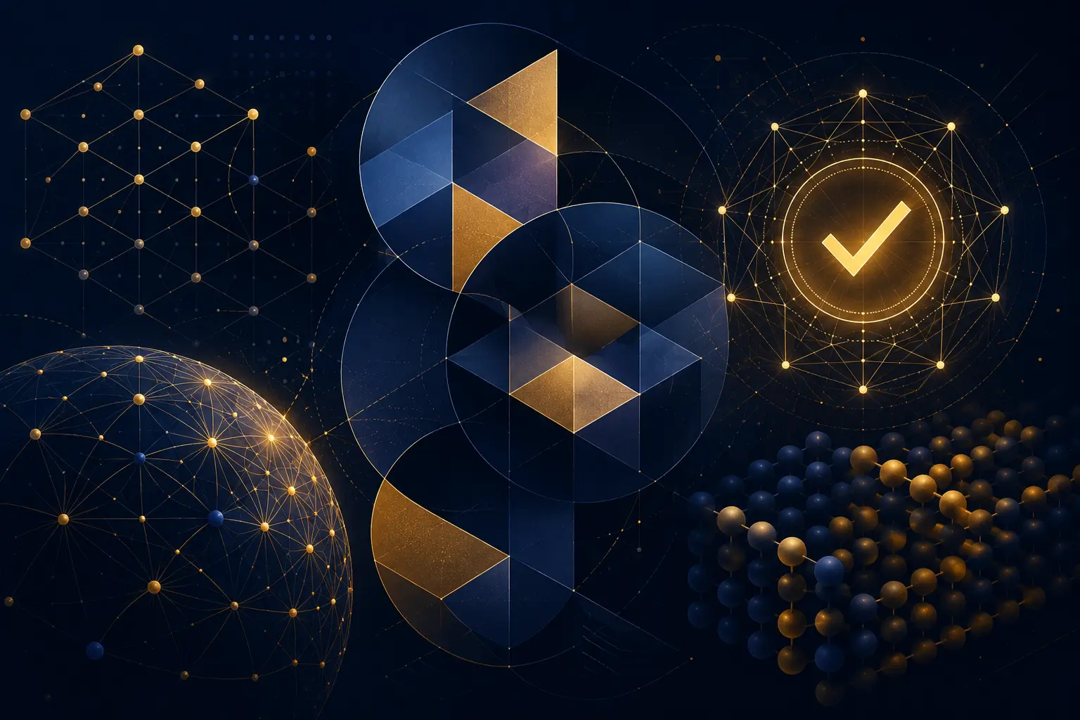 Abstract illustration of interlocking geometric and network shapes with a verification checkmark, representing Astra's machine-checked math proofs
