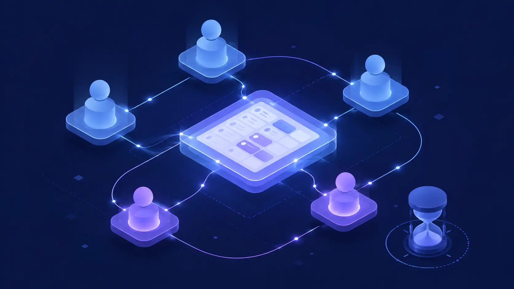 Illustration of multiple AI agent icons connected by light trails collaborating around a shared task over time