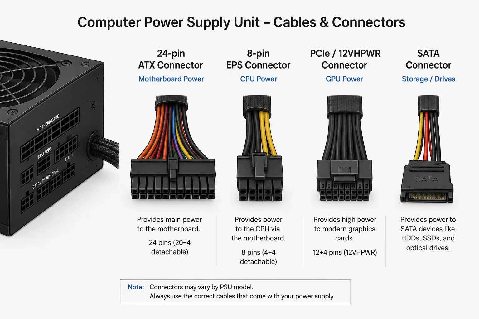 Labeled diagram of computer power supply connectors: ATX, EPS, PCIe, and SATA