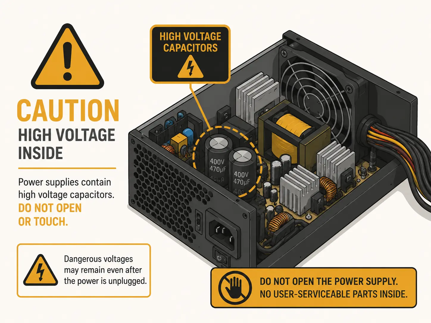 Safety illustration warning that power supply capacitors can retain a charge after unplugging