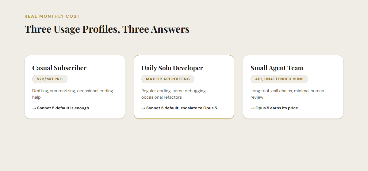 Three usage profiles compared: casual subscriber on a twenty dollar Pro plan, daily solo developer on Max or API routing, and a small agent team on the API, each mapped to Sonnet 5 or Opus 5