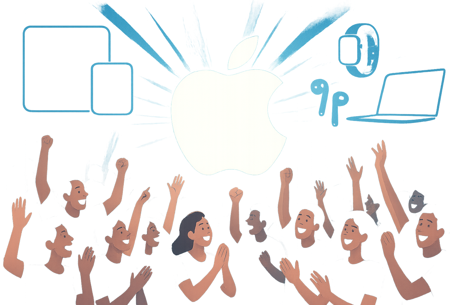 An excited crowd celebrating at an Apple product launch event, showcasing the Apple logo and innovative technology.