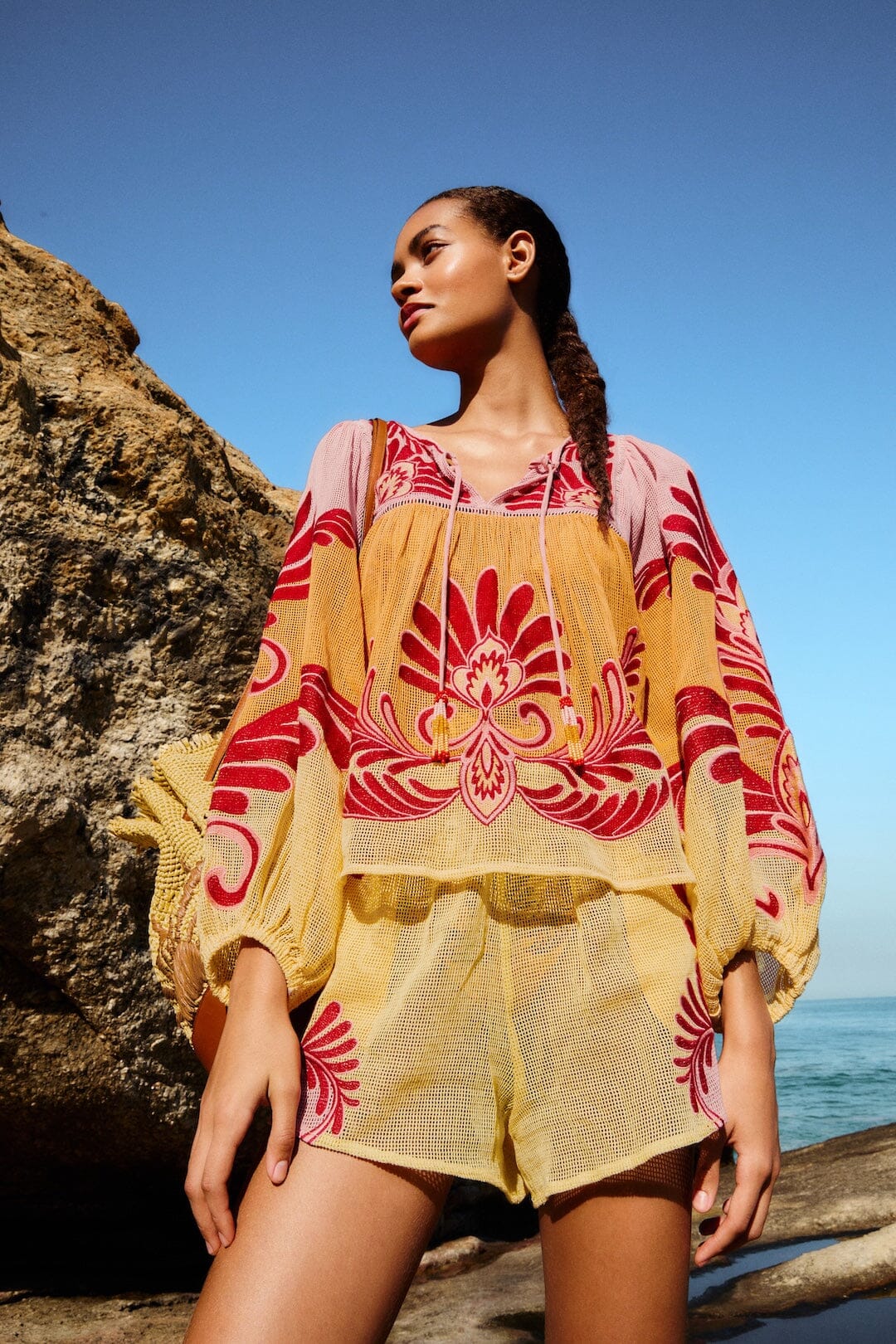 professional maternity workwear — Farm Rio Arabesc Soft Yellow Blouse