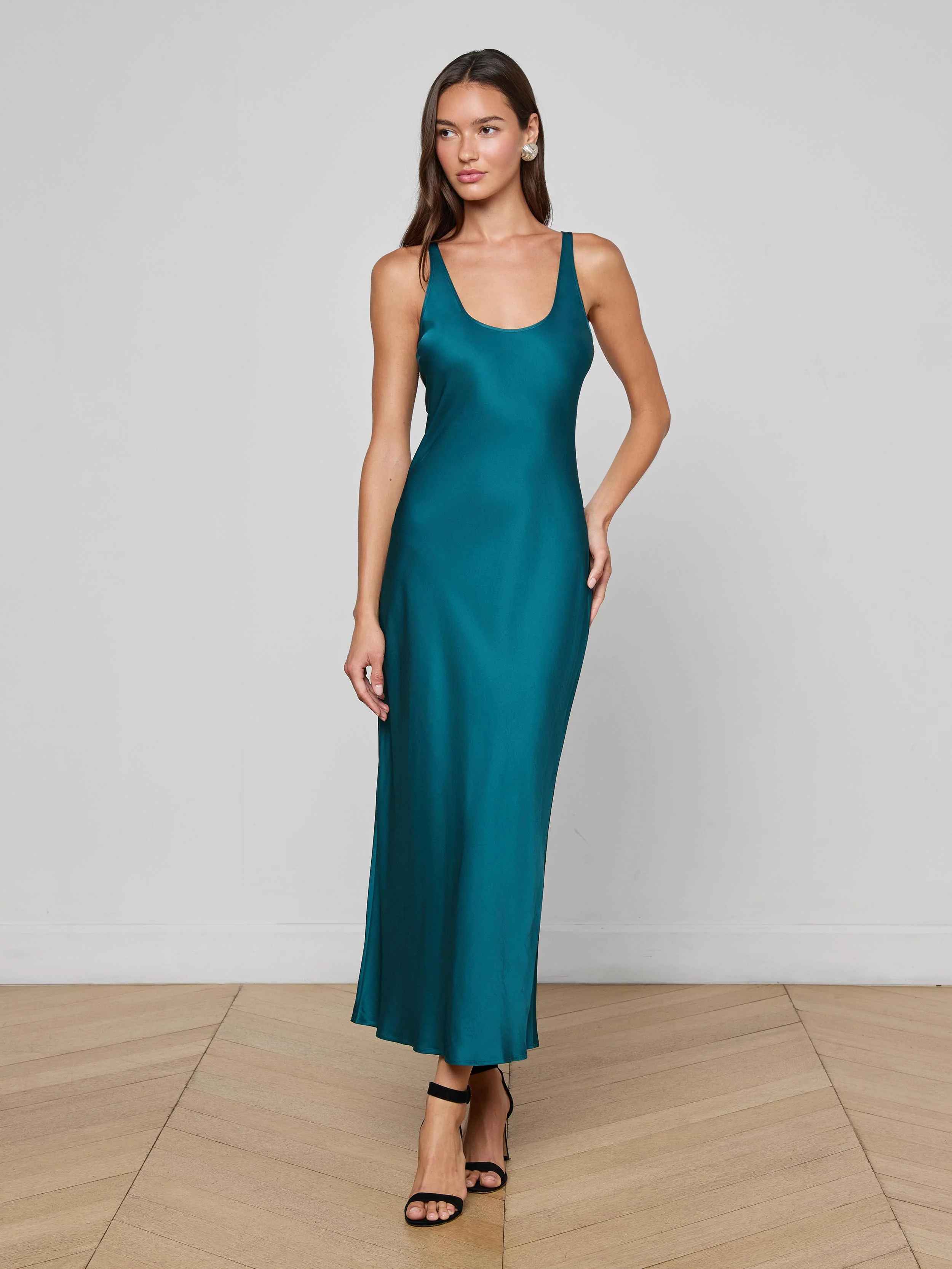 rustic wedding dress guest — Lagence Akiya Satin Maxi Dress Deep Teal