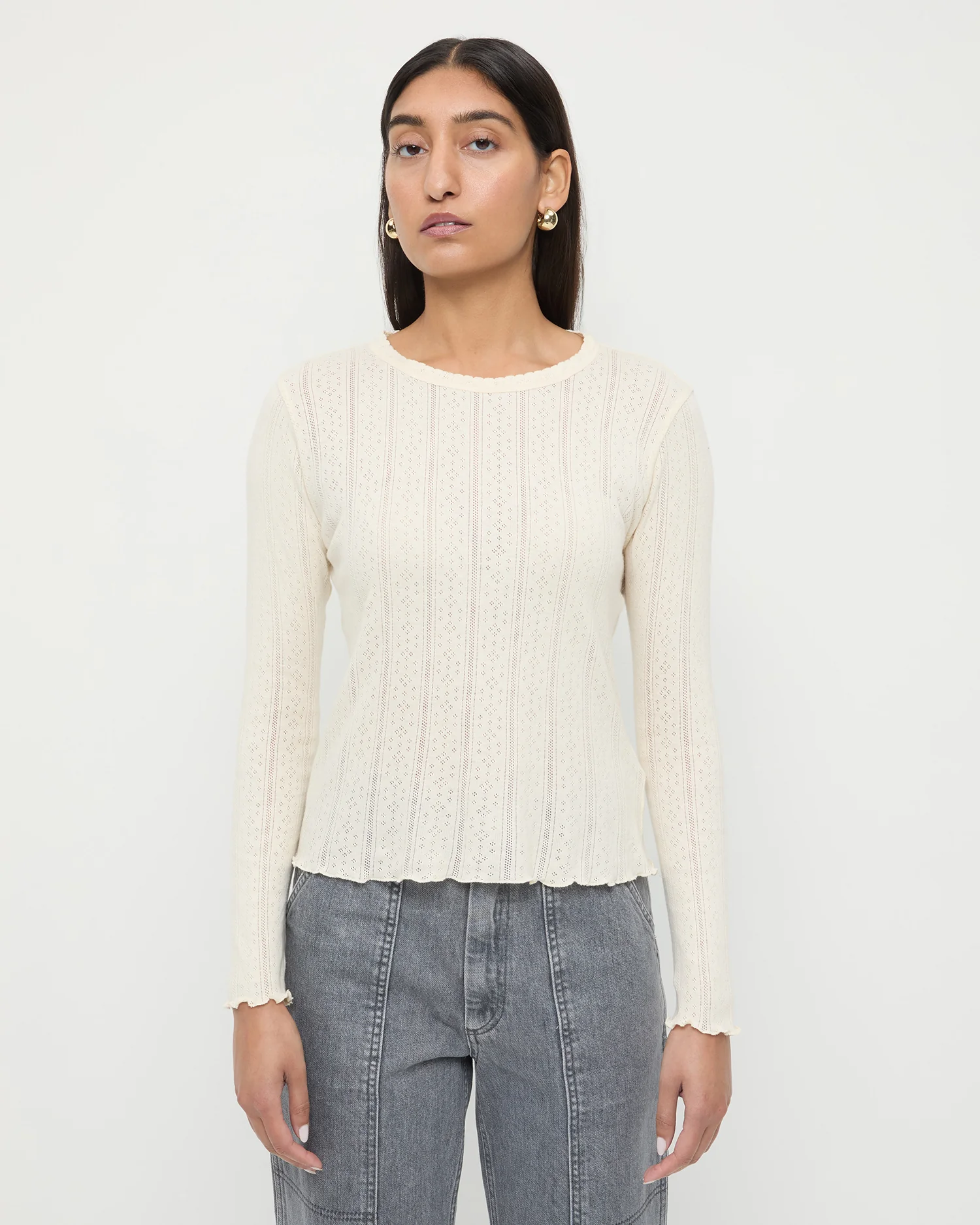 date night outfit ideas — casual — Loeffler Randall Lolo Pointelle Long-Sleeve Tee