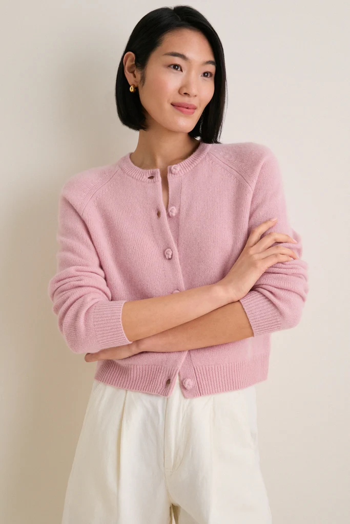 work outfits for women — Tuckernuck Powder Pink Cashmere Knot Button Phoebe Cardigan