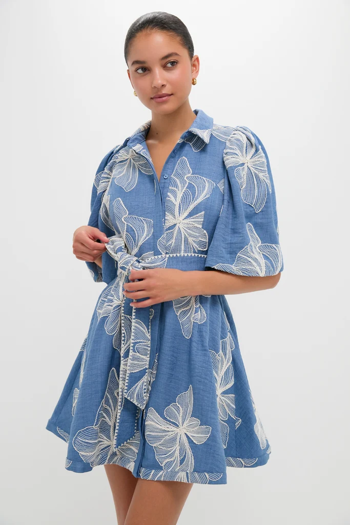 beach outfits for women — Tuckernuck Chambray & Ivory Embroidery Cindy Mini Dress