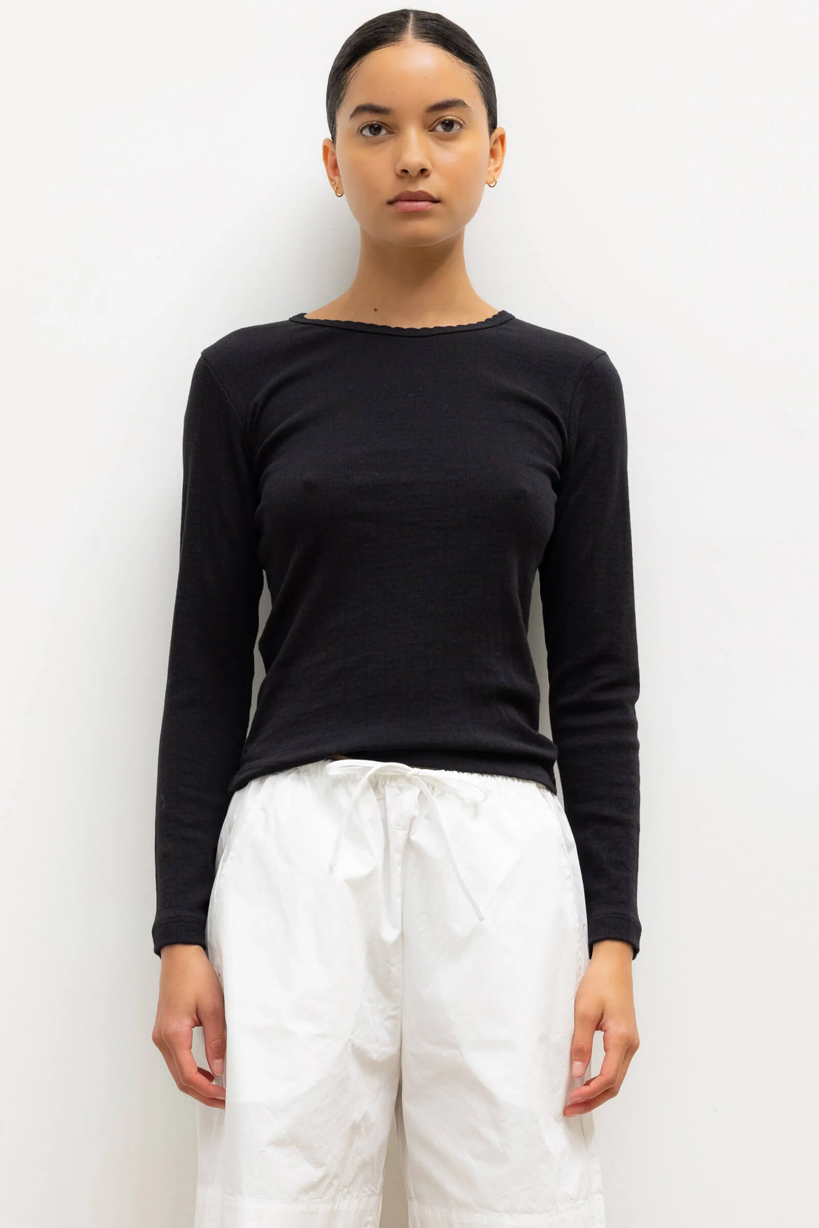 business casual outfits for women — Leset Pointelle Slim Fit Long Sleeve