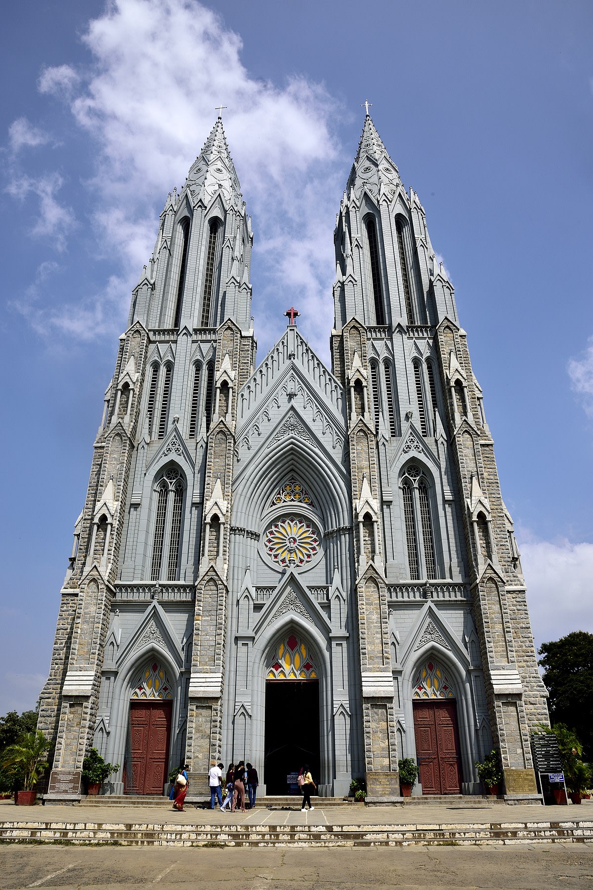 The twin neo-Gothic spires of St. Philomena's Cathedral, Mysuru