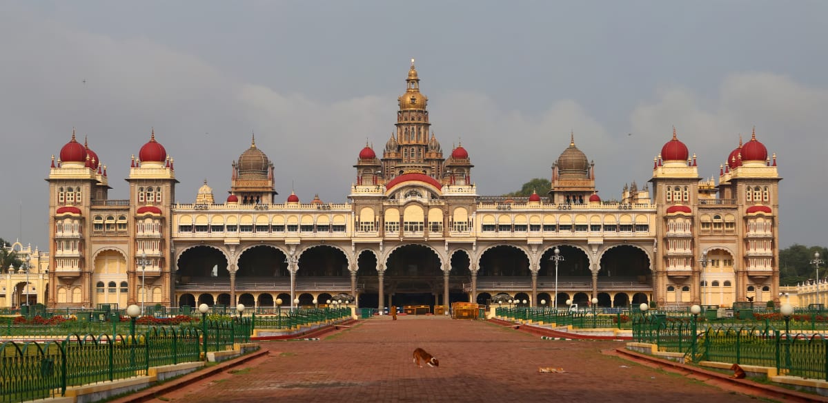 The Indo-Saracenic facade of Mysore Palace with its domes and central tower