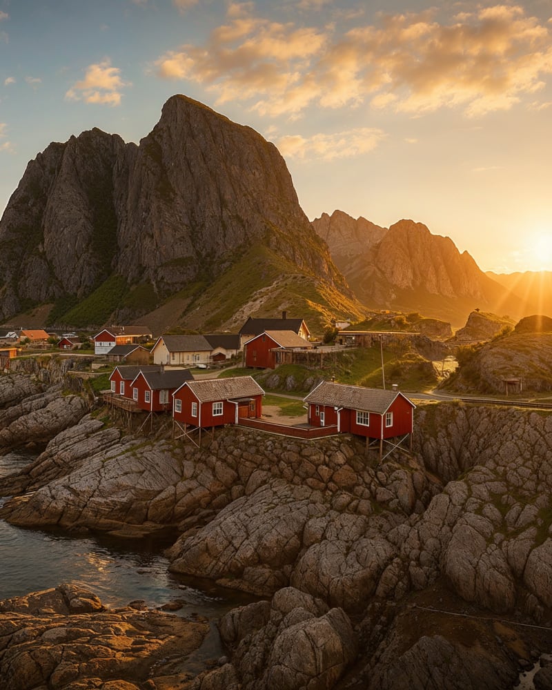 Vanjoy campervan parked by a Norwegian fjord at sunset