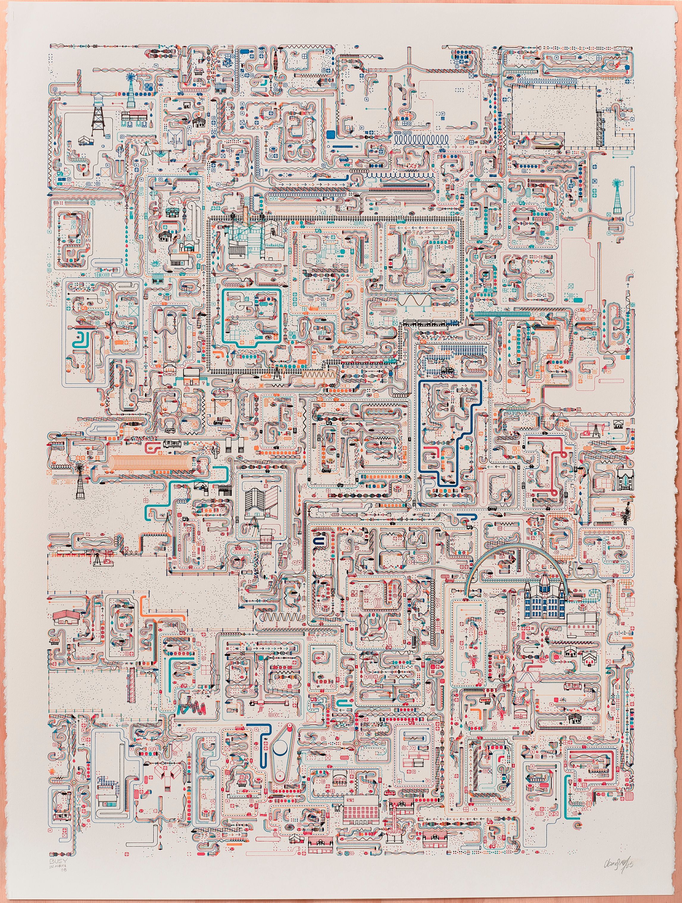 A BUSY In Marfa ink drawing: pipes in orange, blue and black around small drawings of a water tower, a domed courthouse under a rainbow arch and windmills