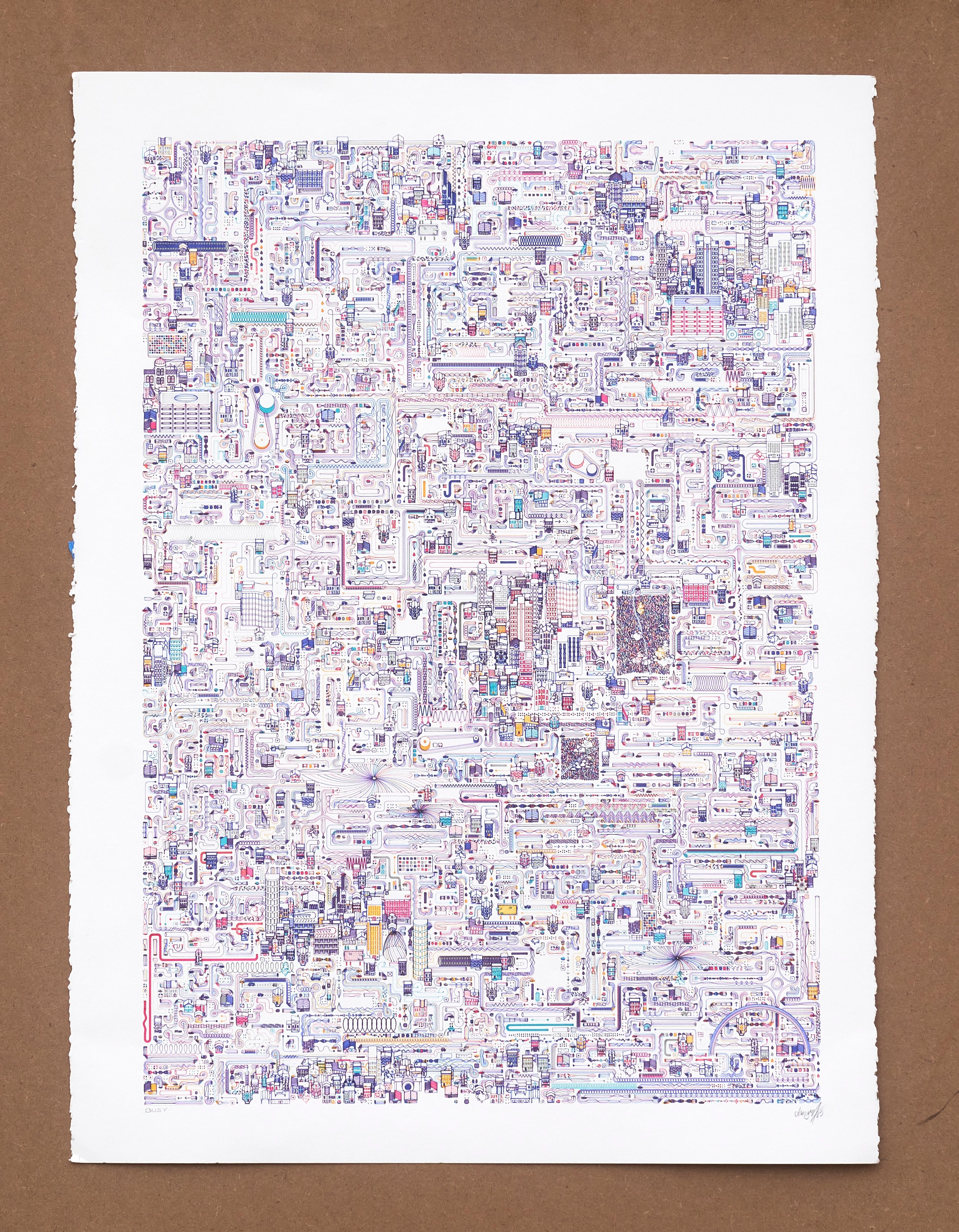 A finished BUSY ink drawing on deckle-edged paper, dense with buildings and violet and blue pipes