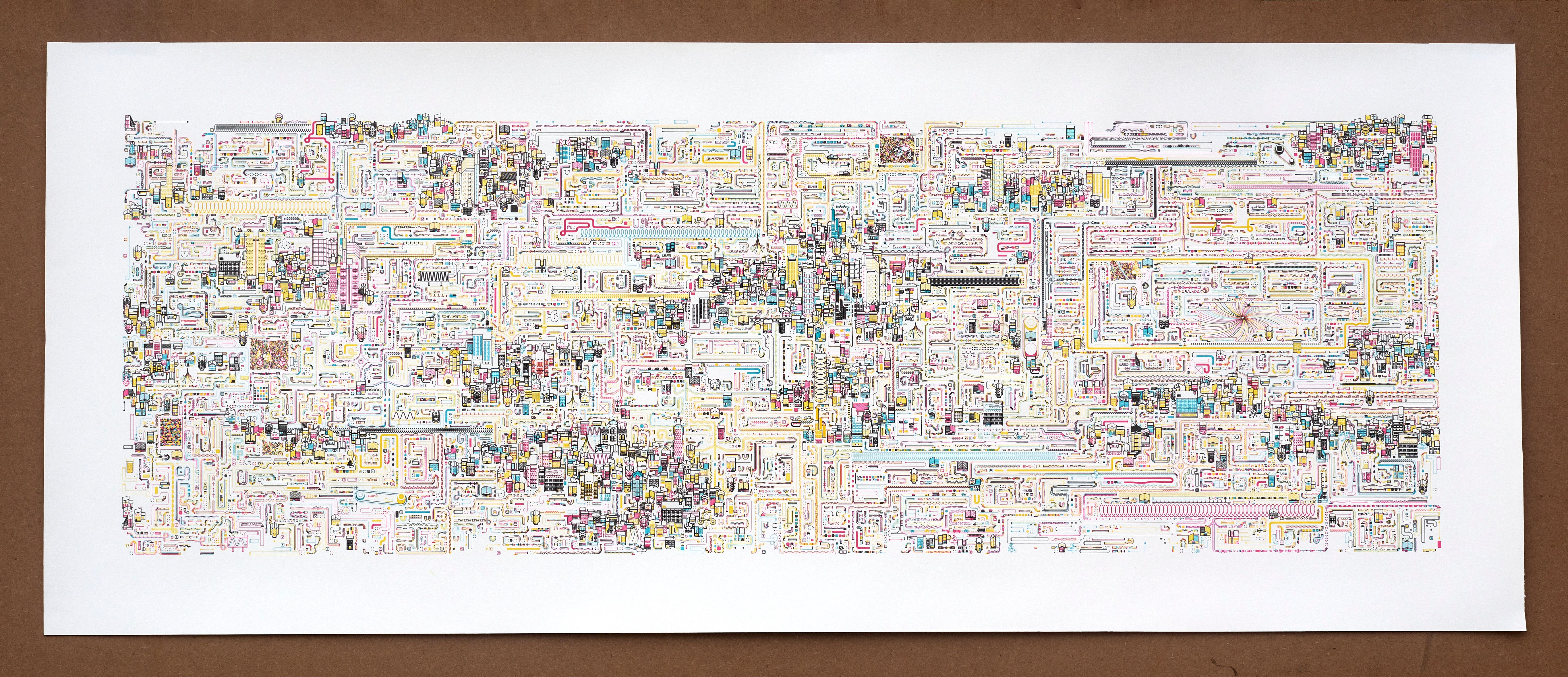 BUSIEST, a long landscape ink drawing of pipes and buildings on a white sheet