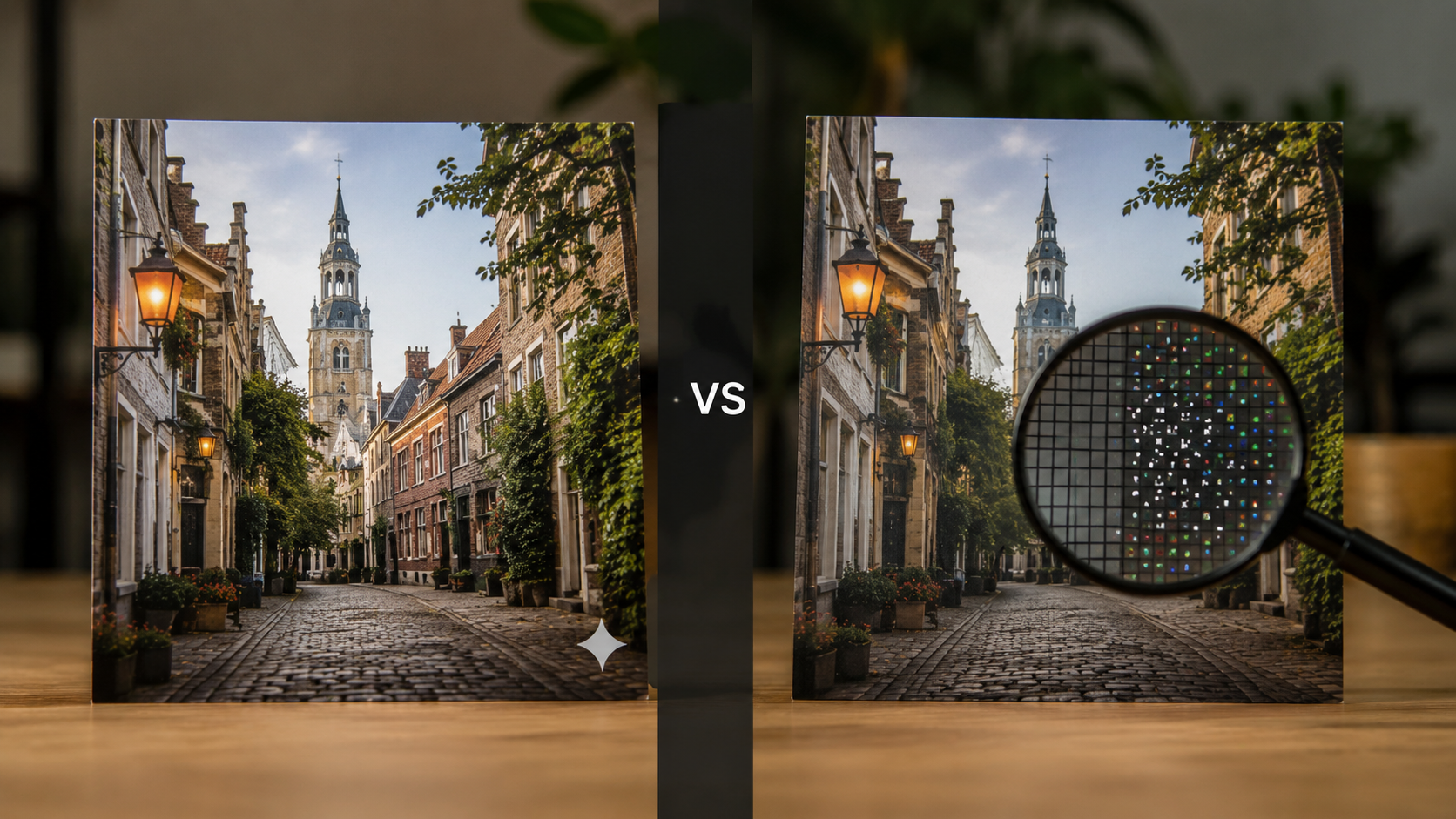 Side-by-side real-world photo comparison showing a visible Gemini-style watermark on one image and a magnified pixel-level hidden SynthID pattern on the other, separated by a VS divider.