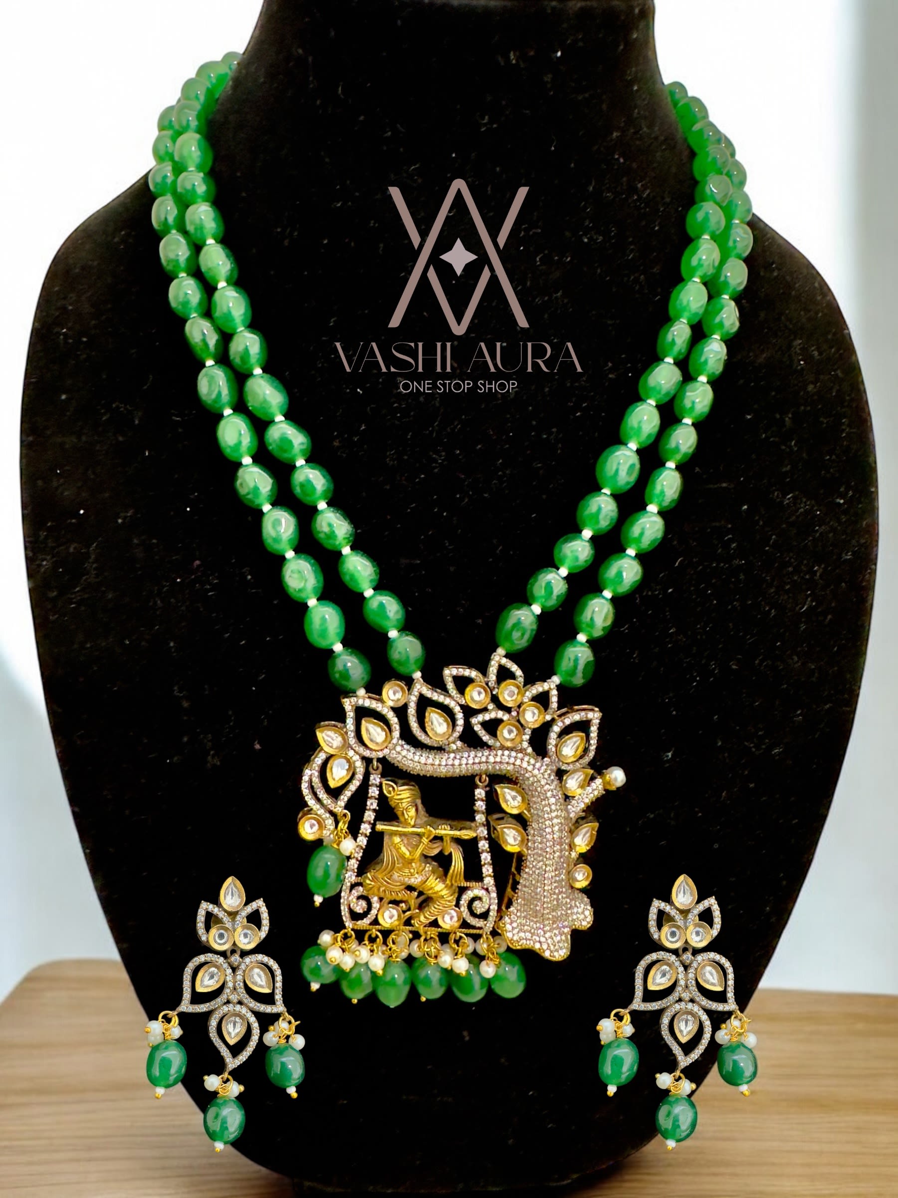 Lord Krishna Pendant with Green GemStones, Uncut Diamond and CZ