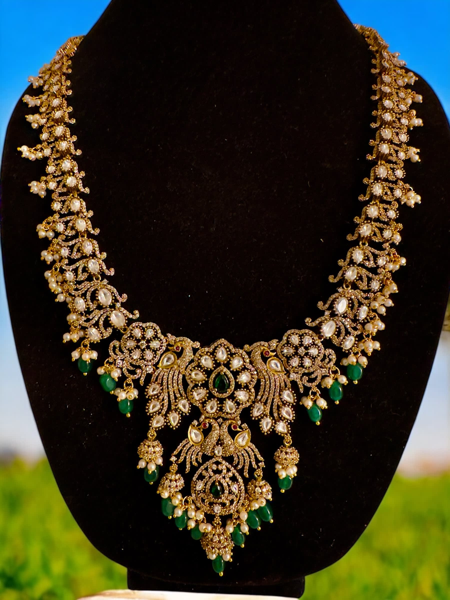 Victorian Long Haram with Peacocks, Half Jhumkas and green beads