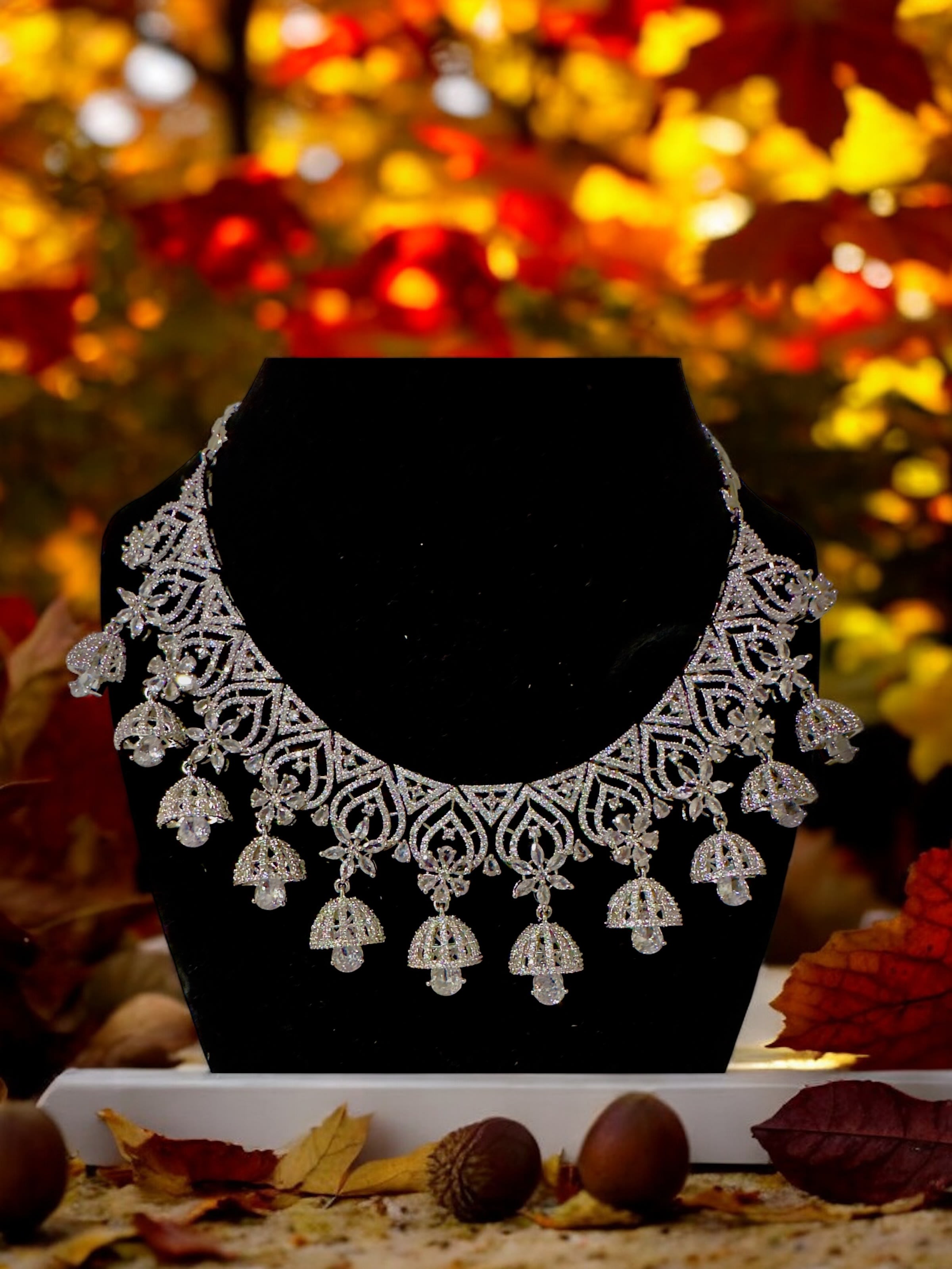Jhumka Style Premium Quality CZ Neckset in total silver finish