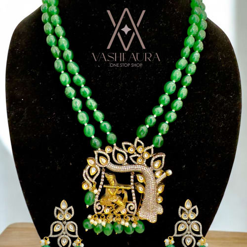 Lord Krishna Pendant with Green GemStones, Uncut Diamond and CZ