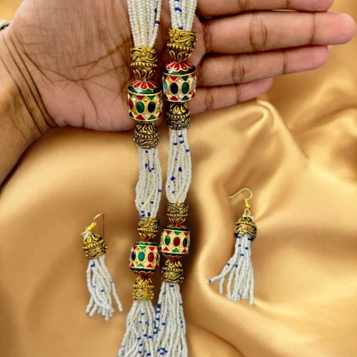 Long Chain with White Seed Pearl Beads complemented with 2 side beads