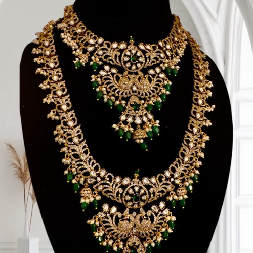 Victorian Gold Finished Neckset with Haram, Earrings and Tikka