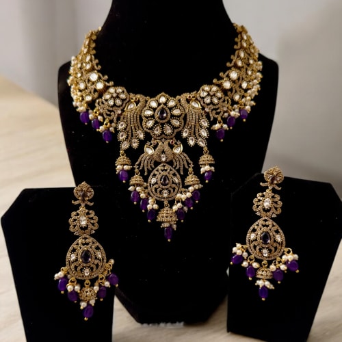 Victorian Mehandi Finish Neckset with Purple beads