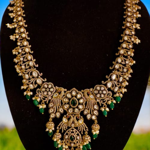 Victorian Long Haram with Peacocks, Half Jhumkas and green beads
