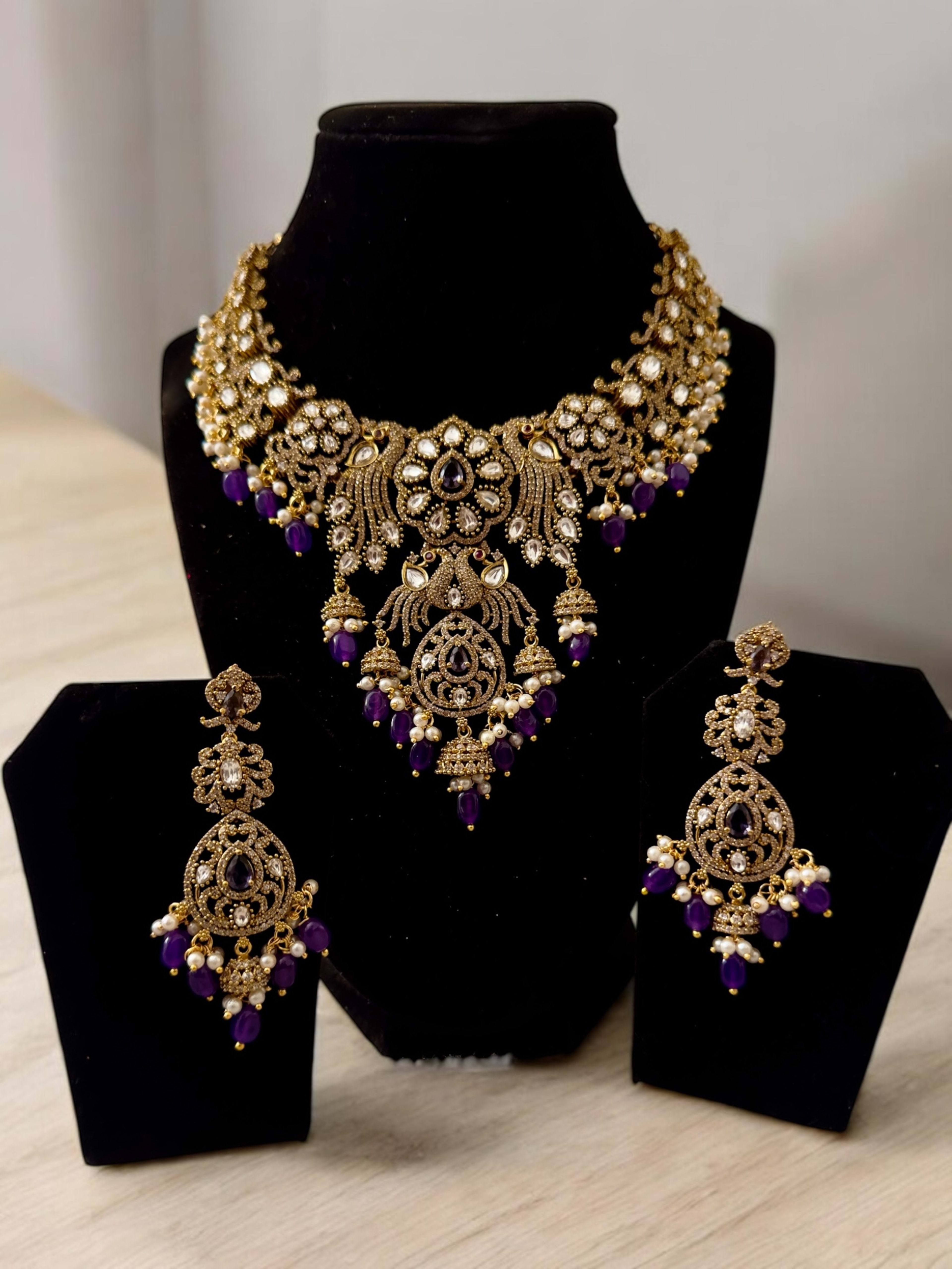Victorian Mehandi Finish Neckset with Purple beads