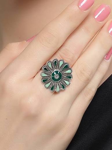 Floral Oxidised Silver Ring