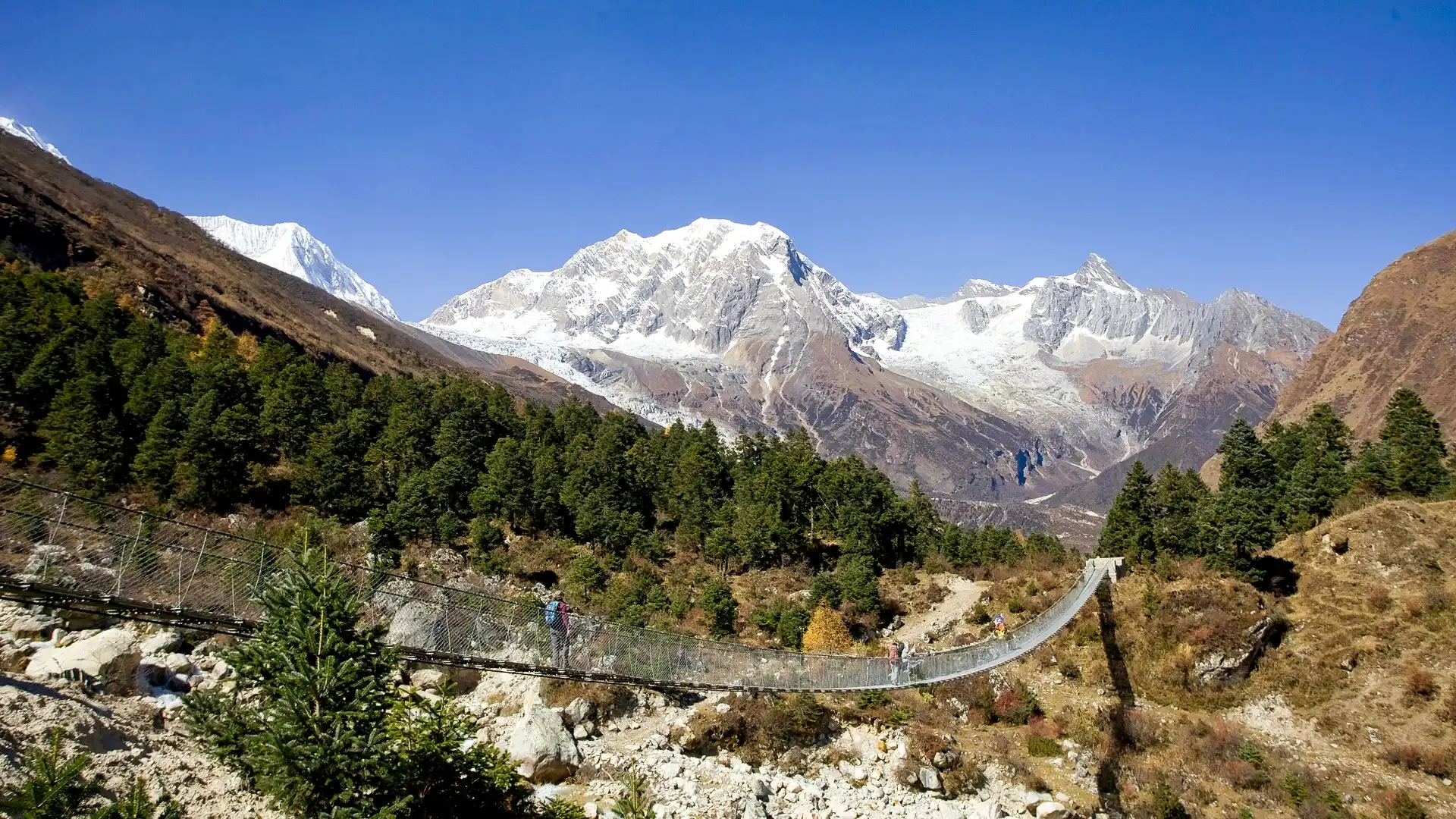 Suspension bridge spans a rocky mountain valley beneath snow-covered peaks and clear blue skies.